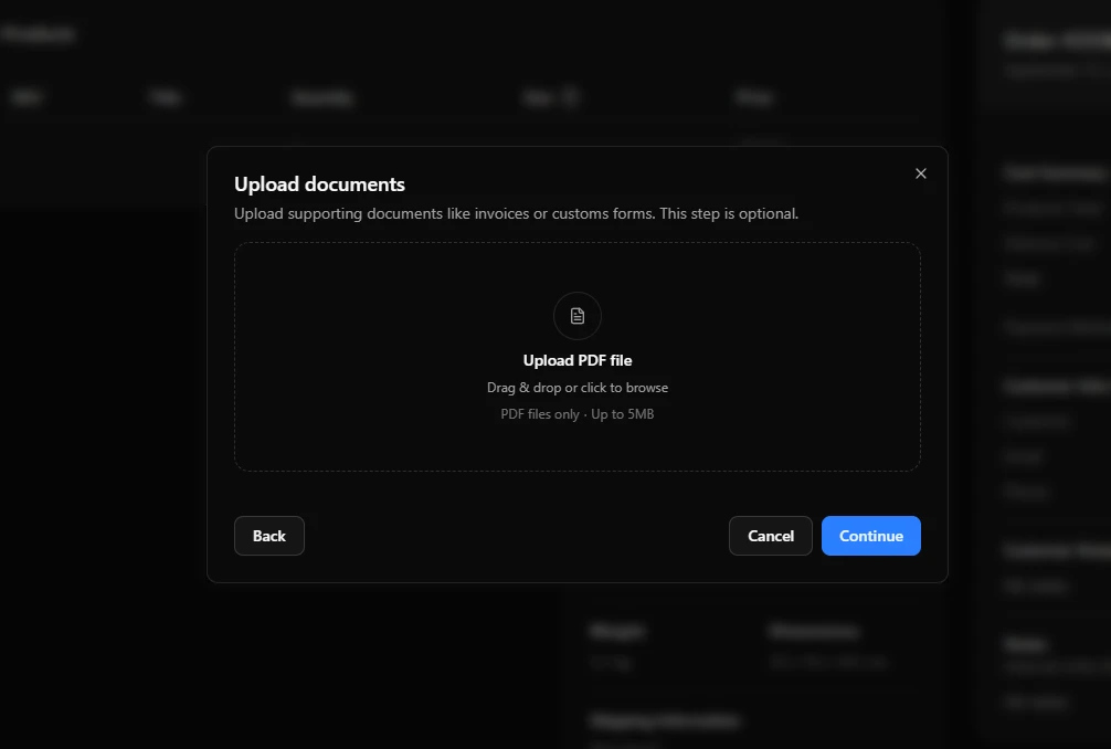 Document upload interface for international shipments